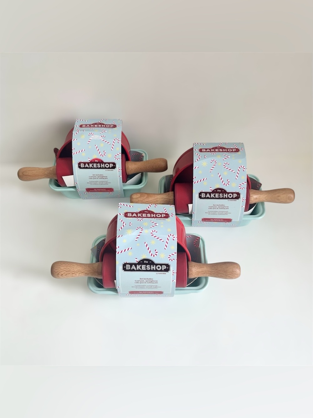 Lot of 3 MasterClass Bakeshop 3pc Mini Baking Set Red Cake Loaf Pan Rolling Pin